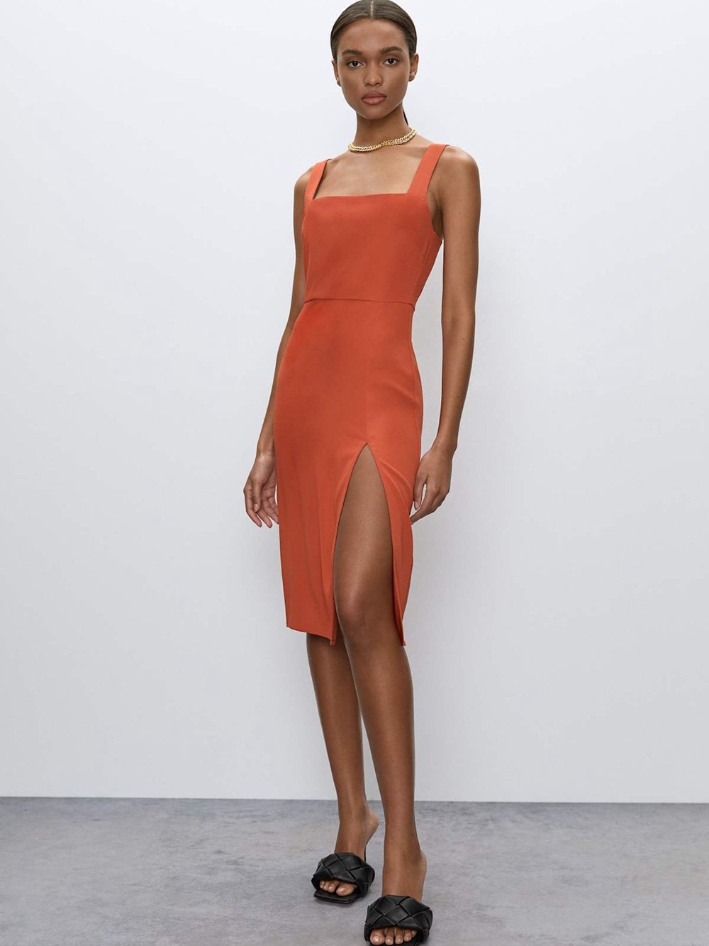 Suzy Shier Rust Orange Square-Neck Midi Dress with Thigh Slit